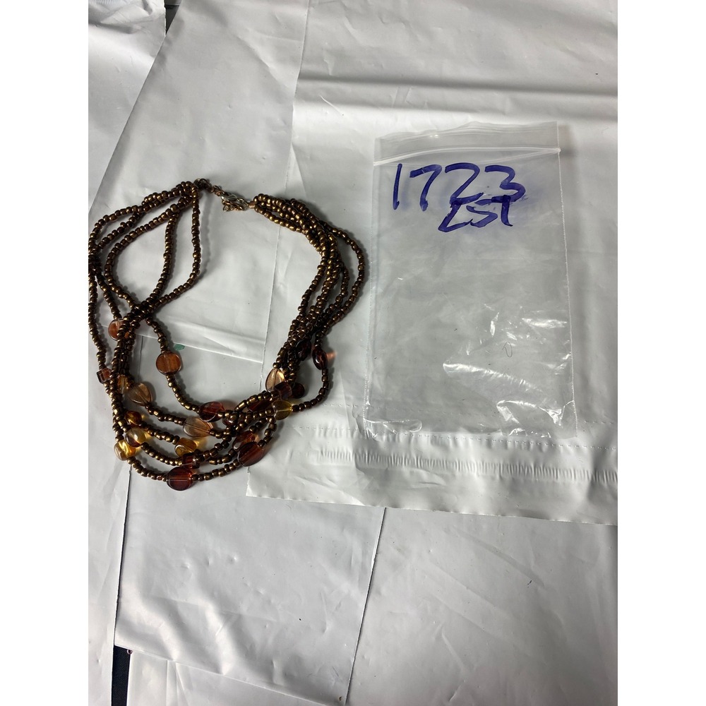 Brown Multi Strand Beaded Necklace Amber Accents Clasp Closure